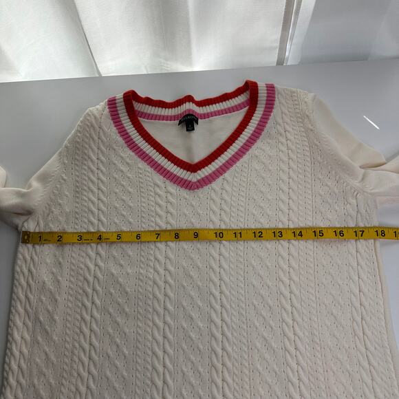 Talbots Ivory Pink Red Cable Knit Pointelle V-Neck Sweater Womens Size Small S - Picture 9 of 10